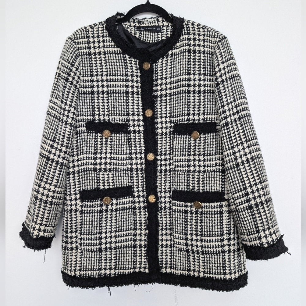 Zara Wool Blend Long Tweed Plaid Houndstooth Lady Jacket Blazer Sz XL Elegant - Picture 2 of 16